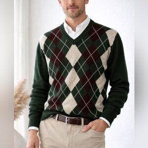 Joseph & Lyman 100% Cashmere Argyle V-Neck Sweater Green/Brown Cream M